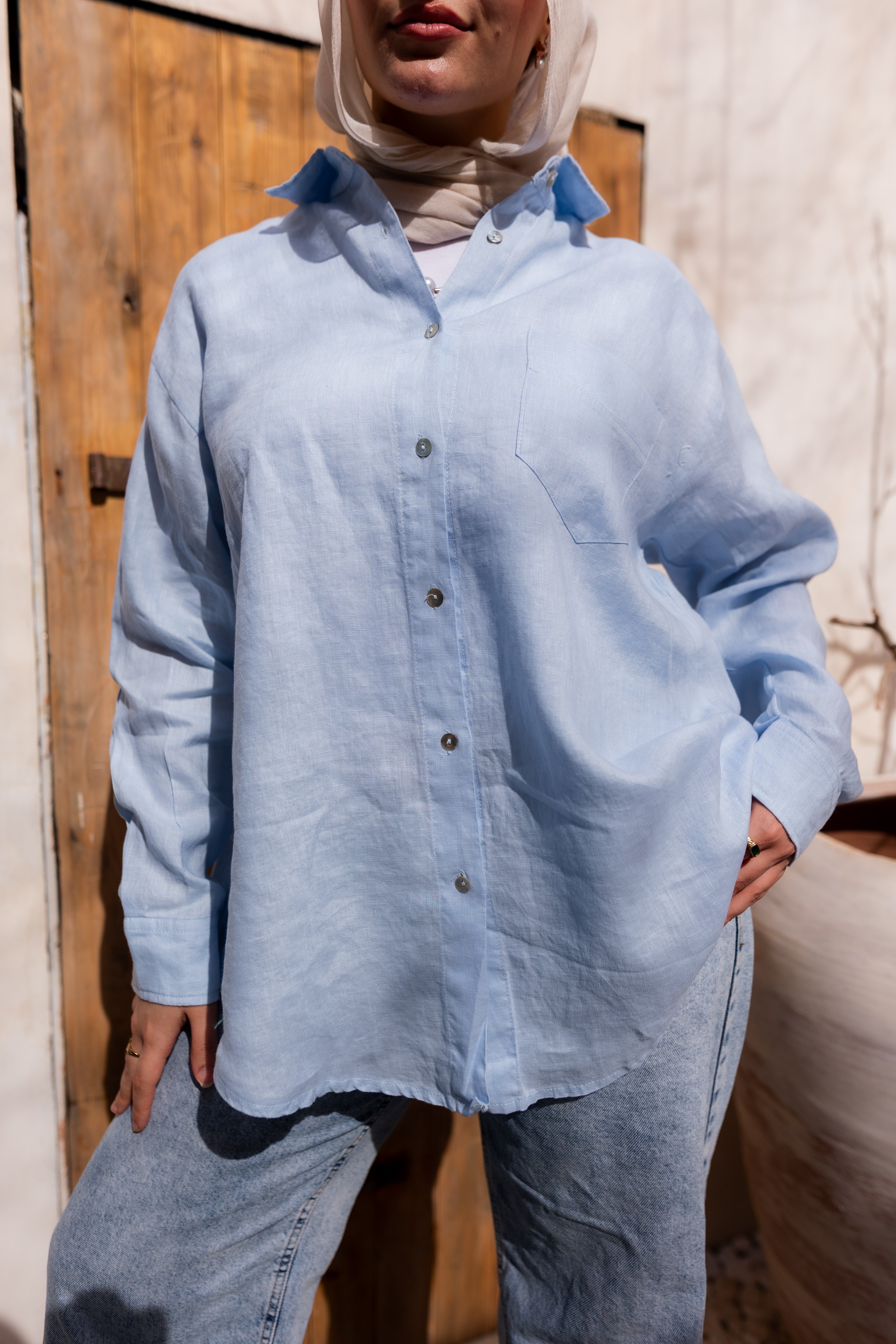 Pure linen shirt in baby blue