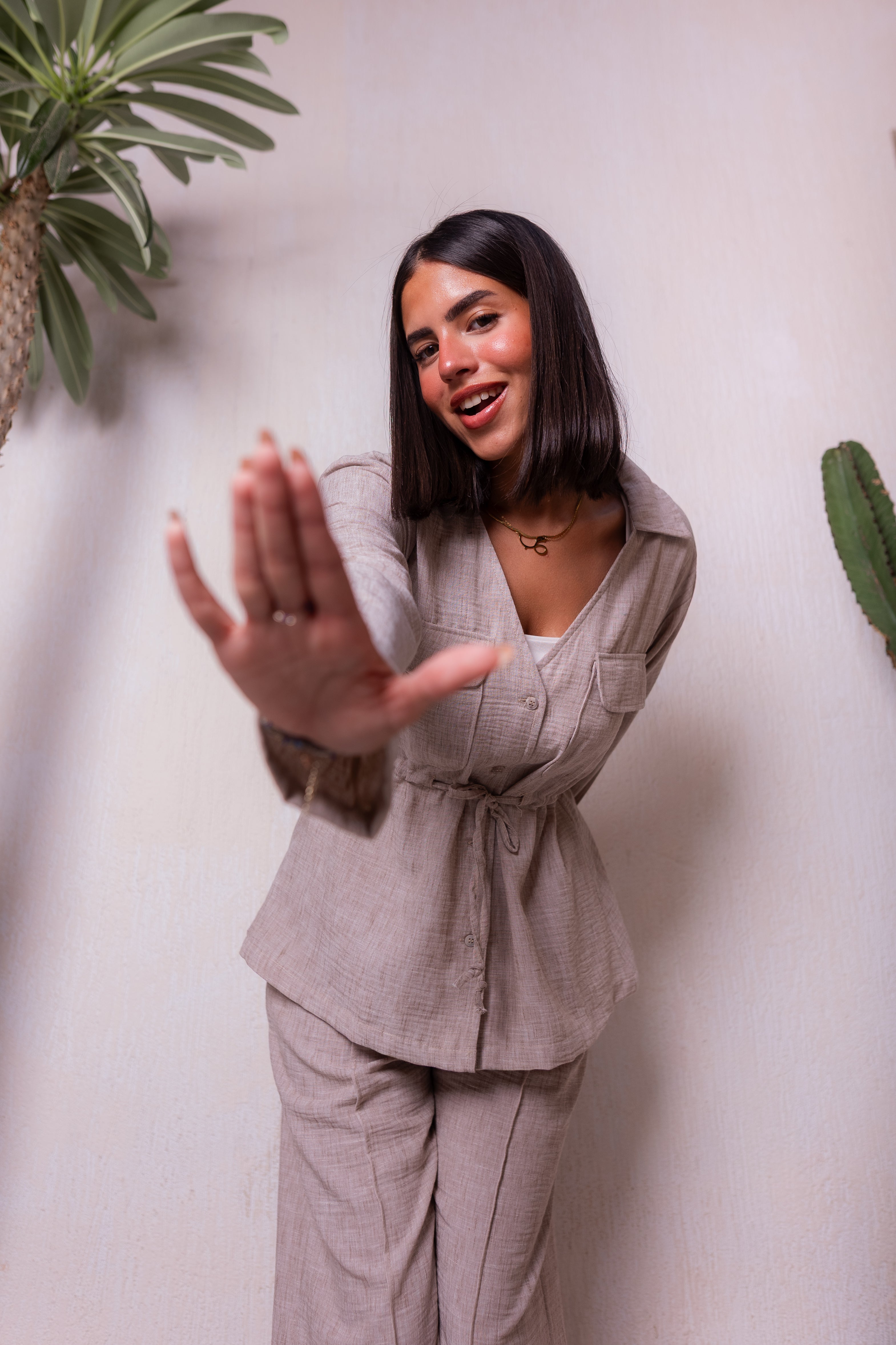 Crushed linen set in beige
