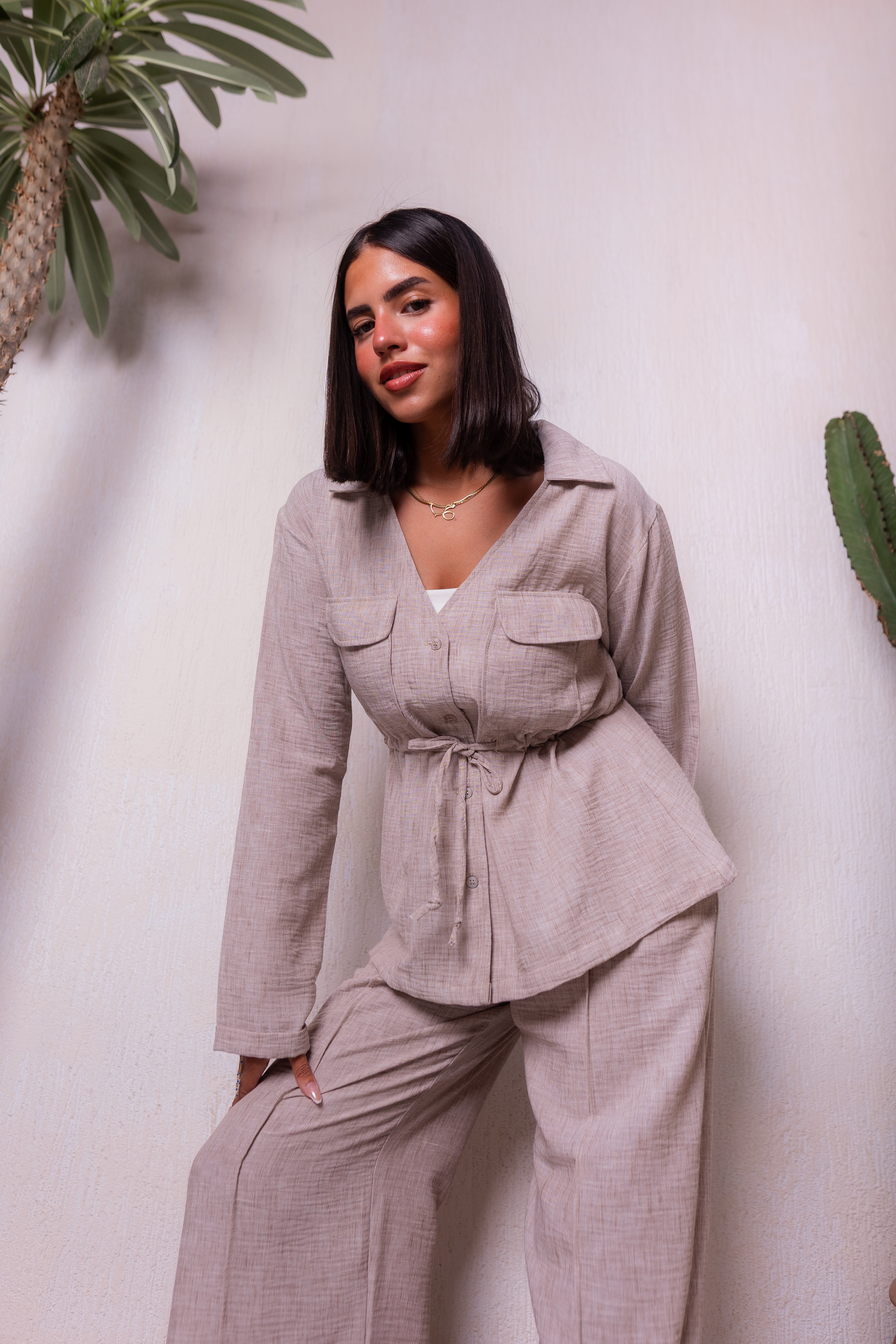Crushed linen set in beige