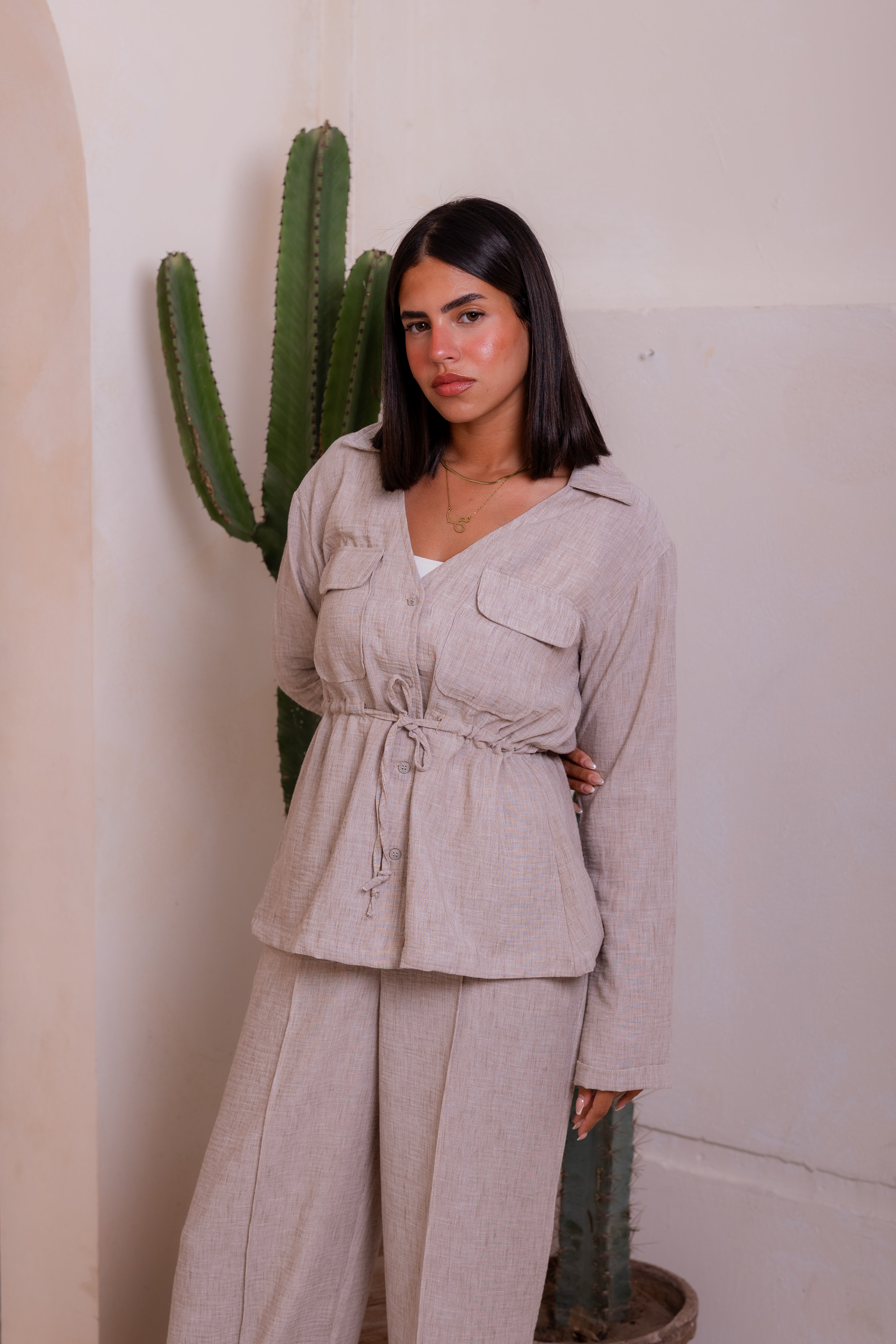 Crushed linen set in beige