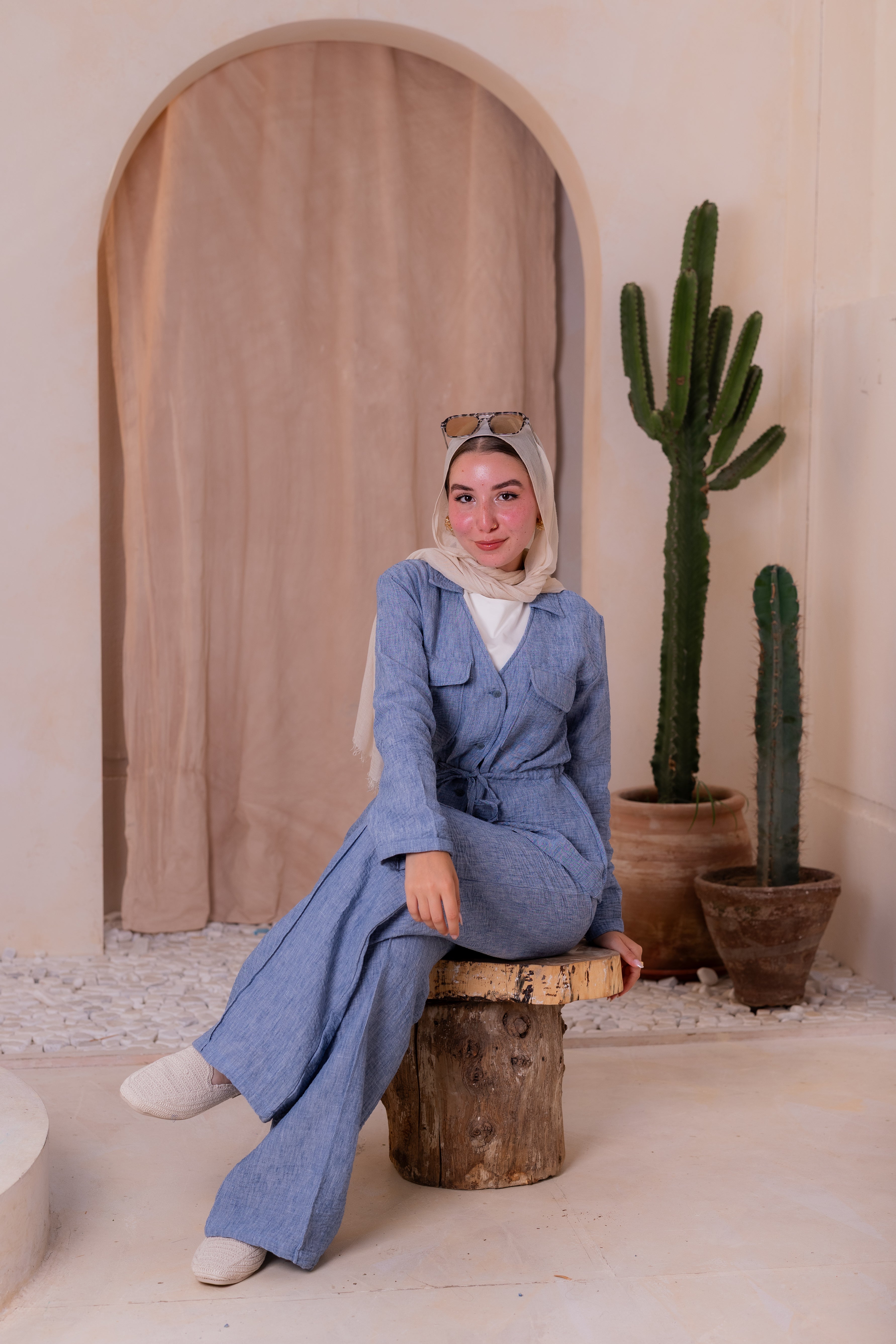 Crushed linen set in blue