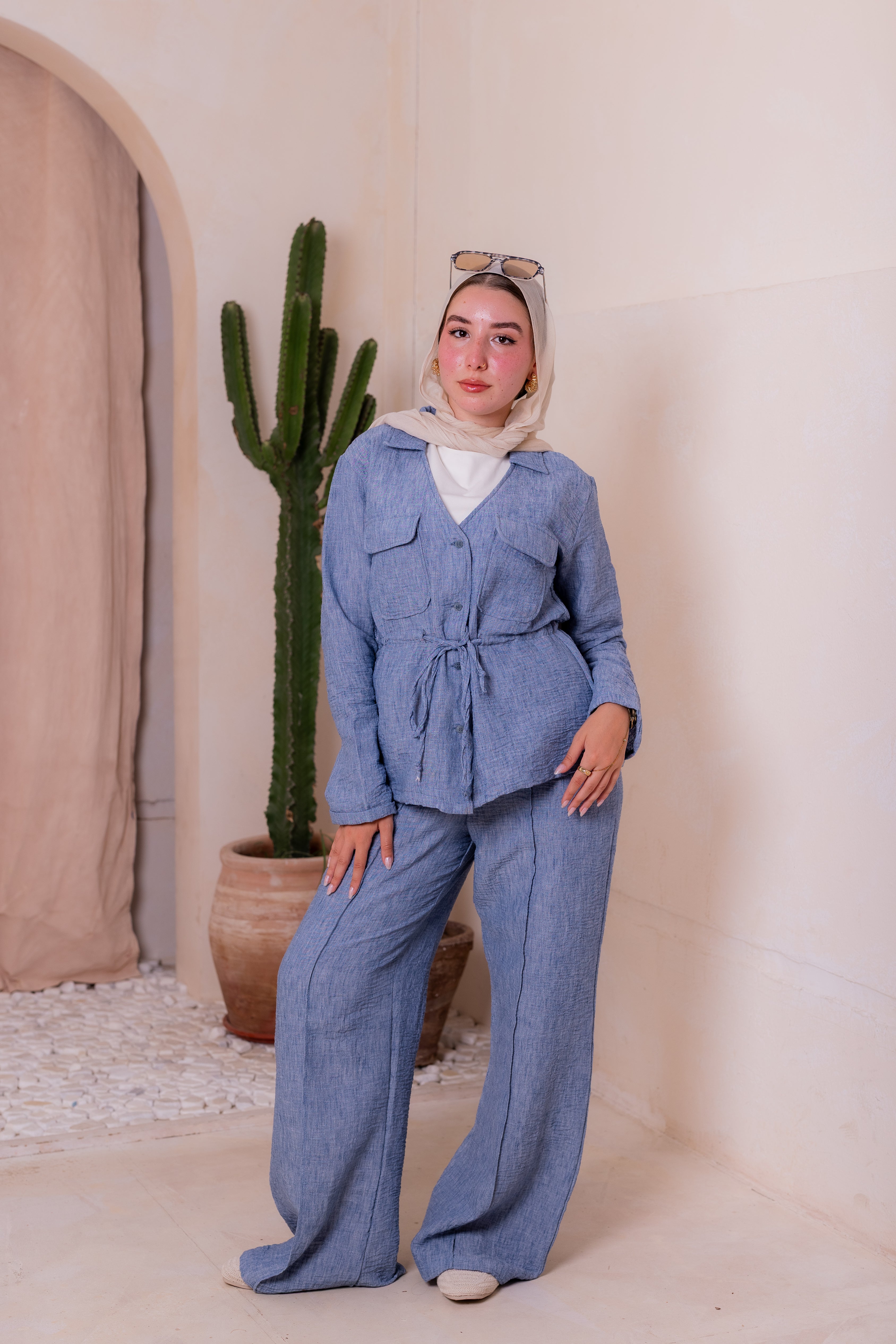 Crushed linen set in blue