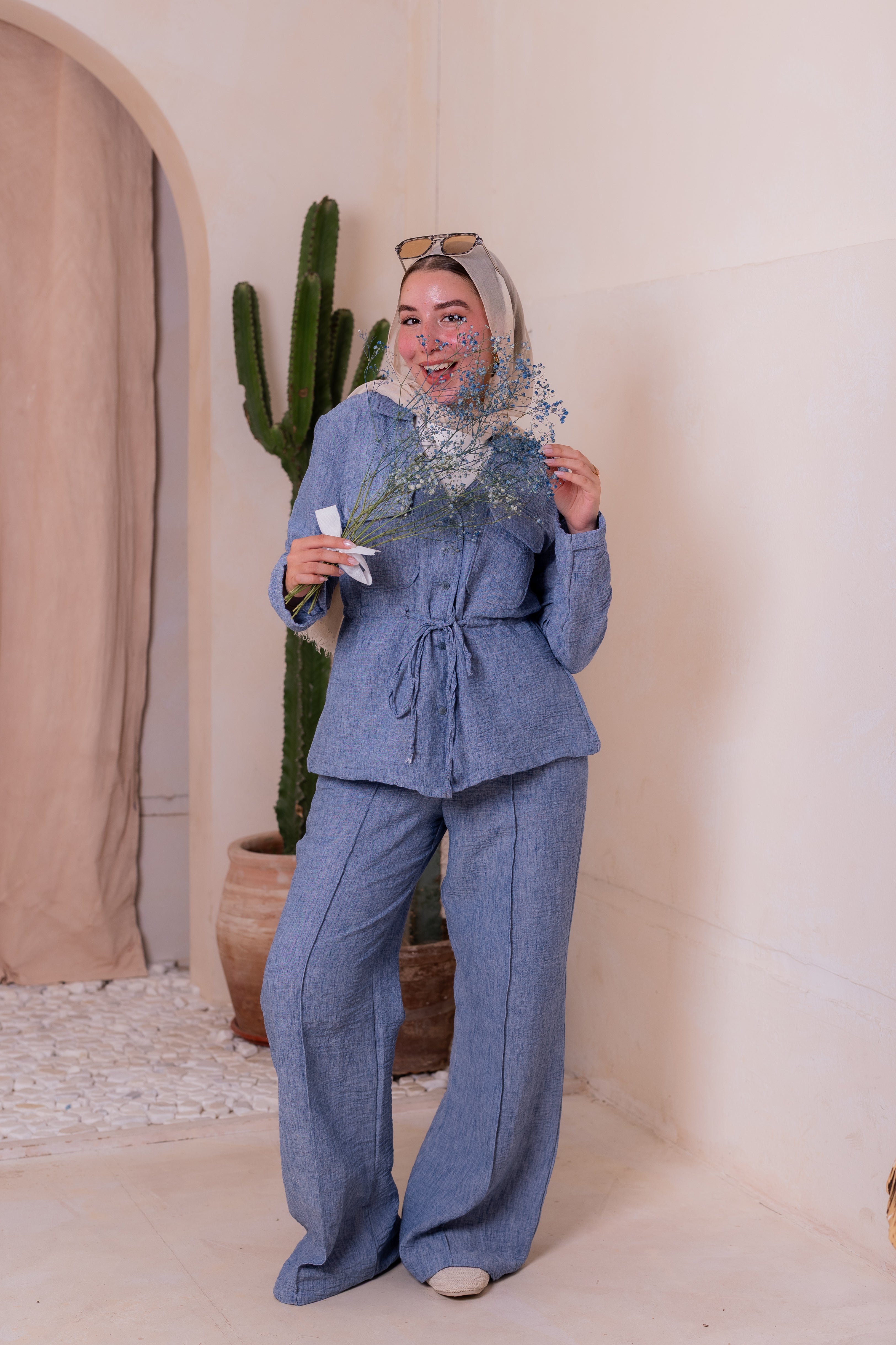Crushed linen set in blue