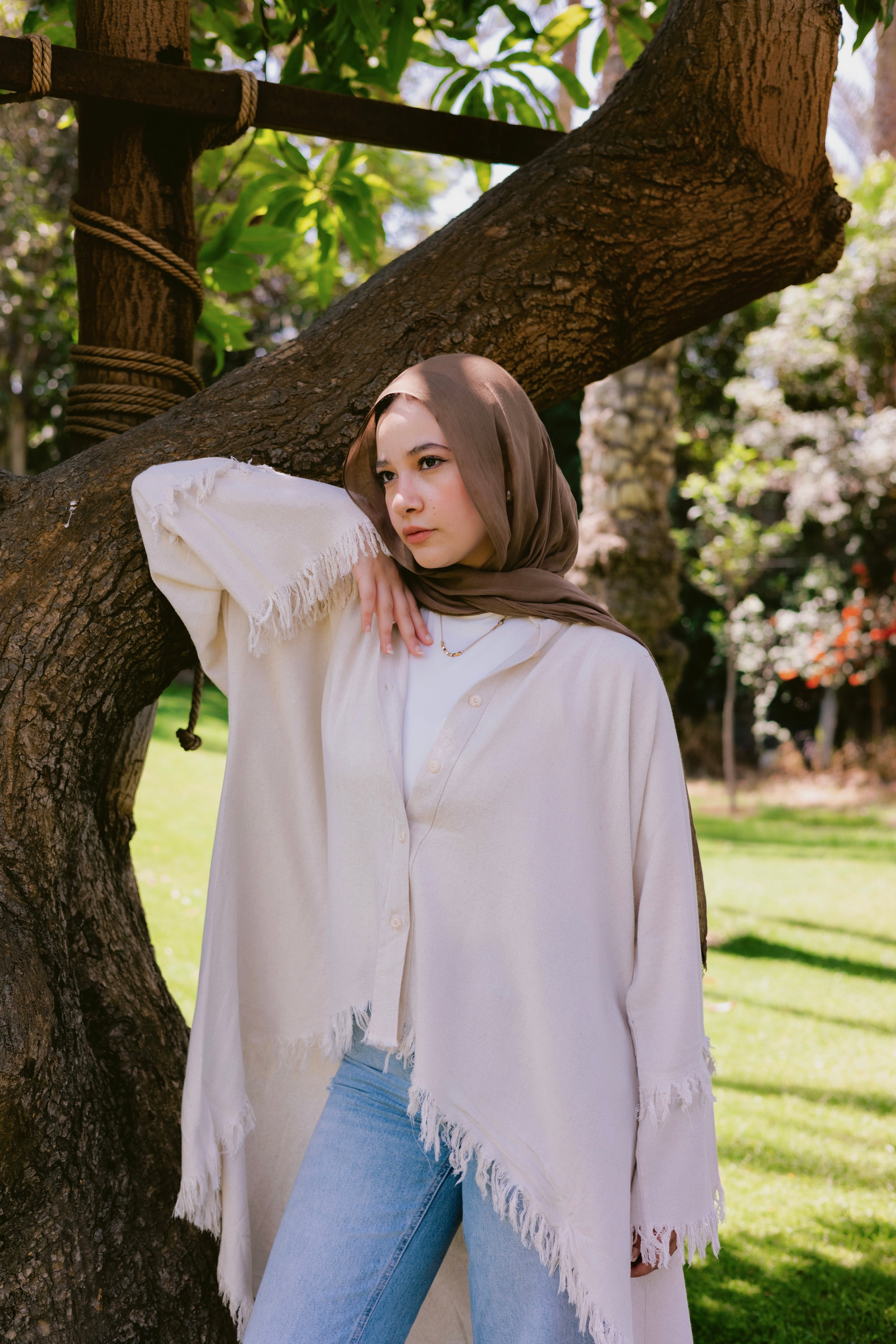 Fringed cardishirt in light beige