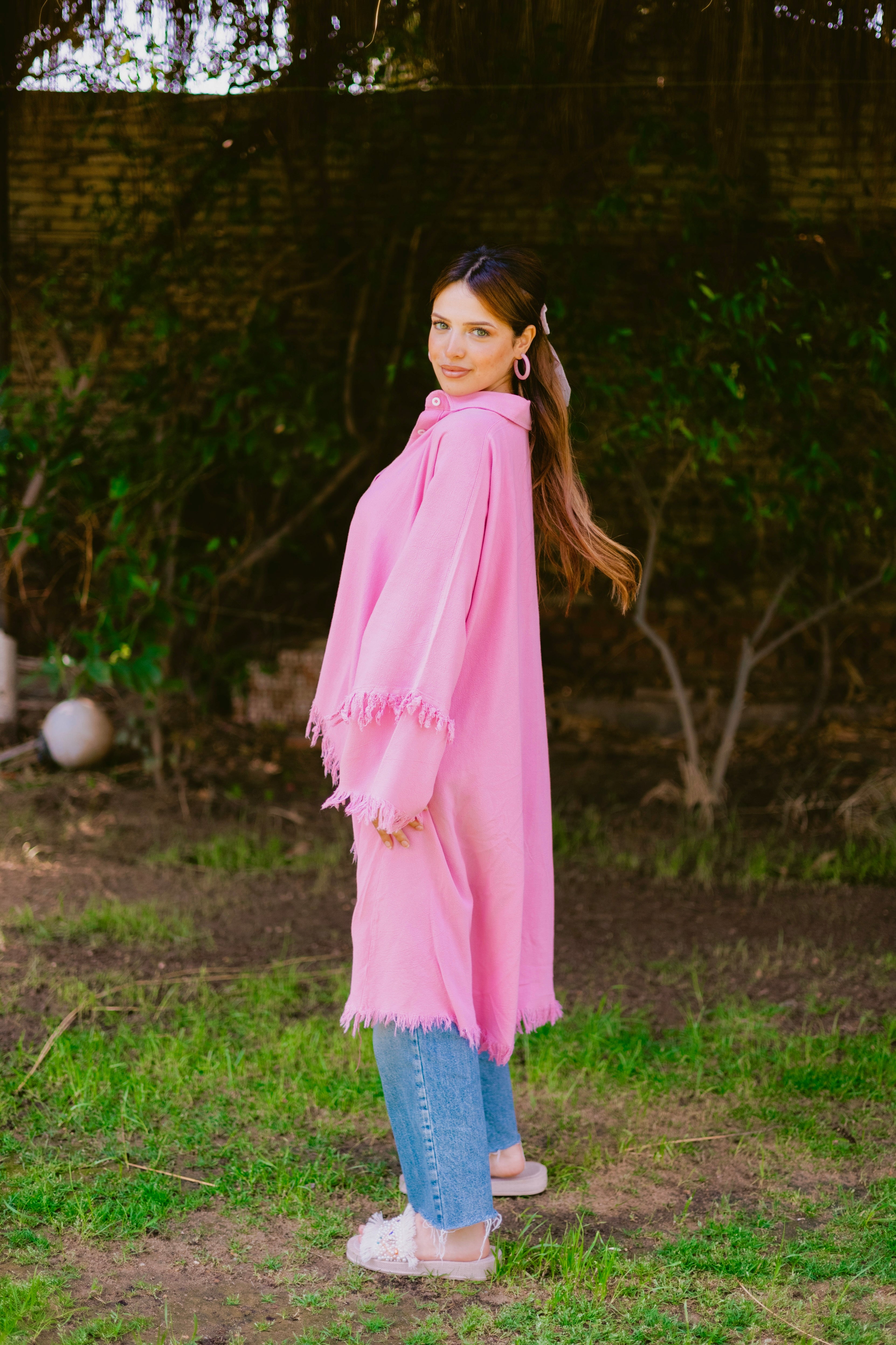 Fringed cardishirt in pink