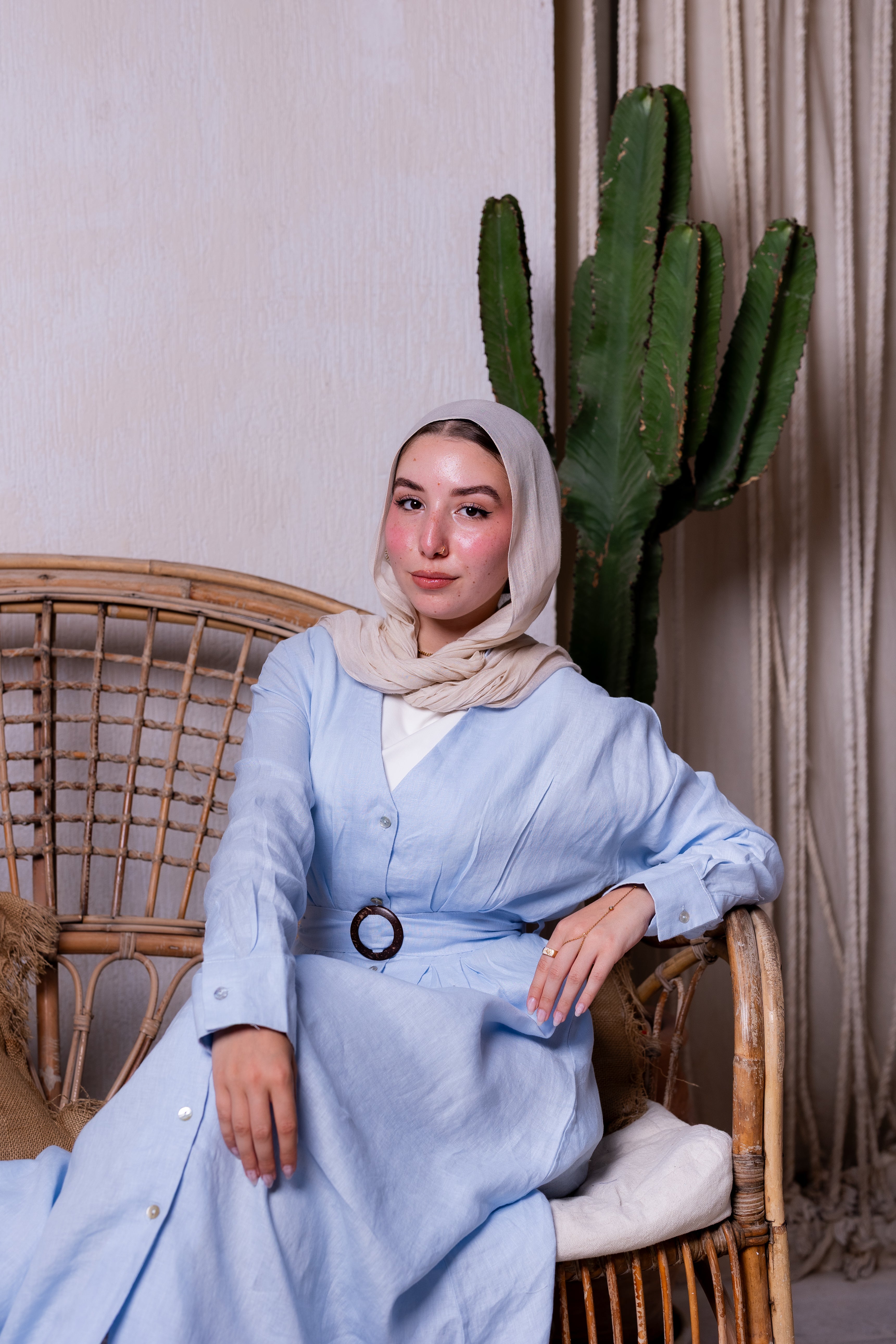 Pure linen belted maxi dress in baby blue