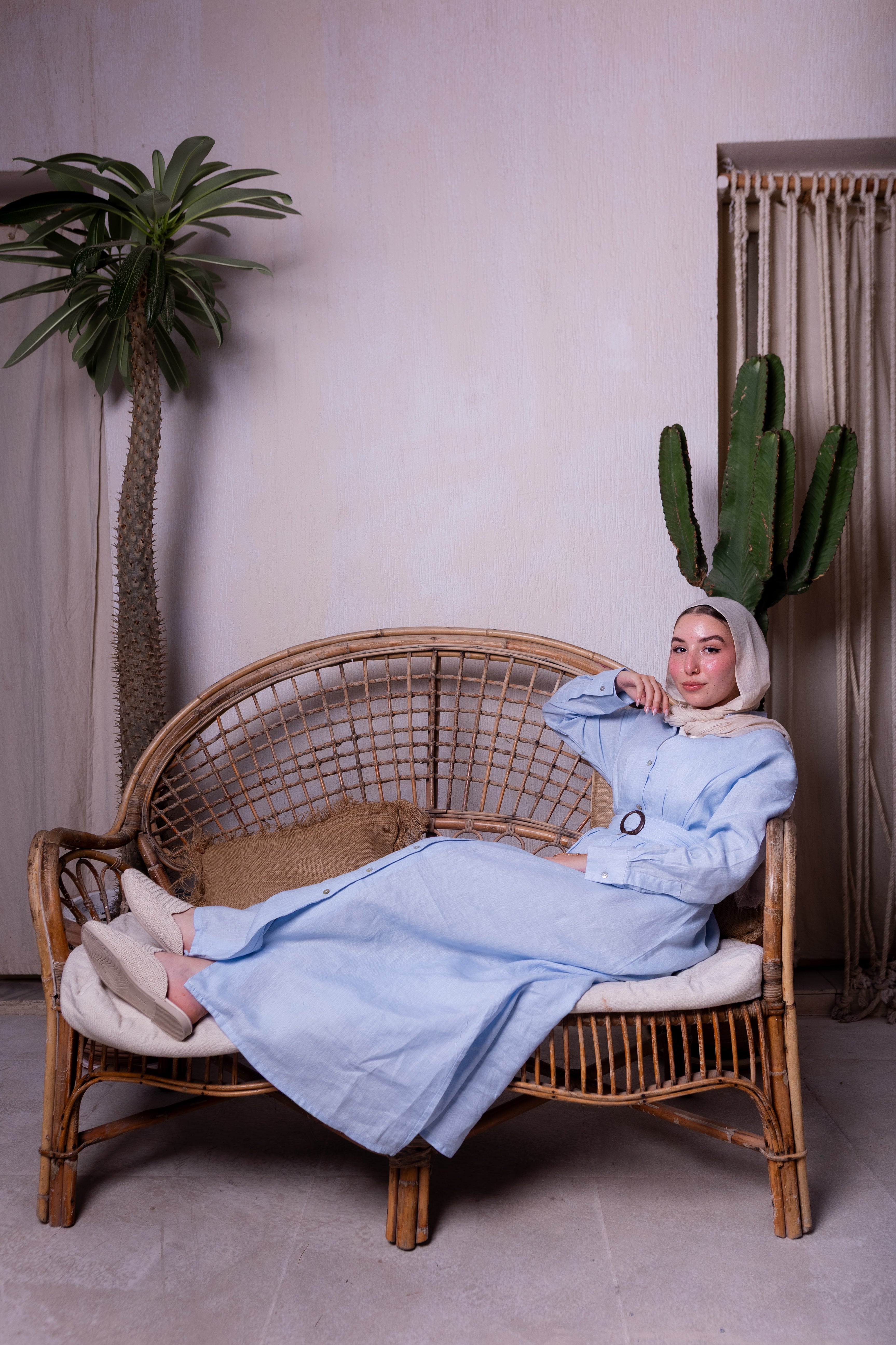 Pure linen belted maxi dress in baby blue