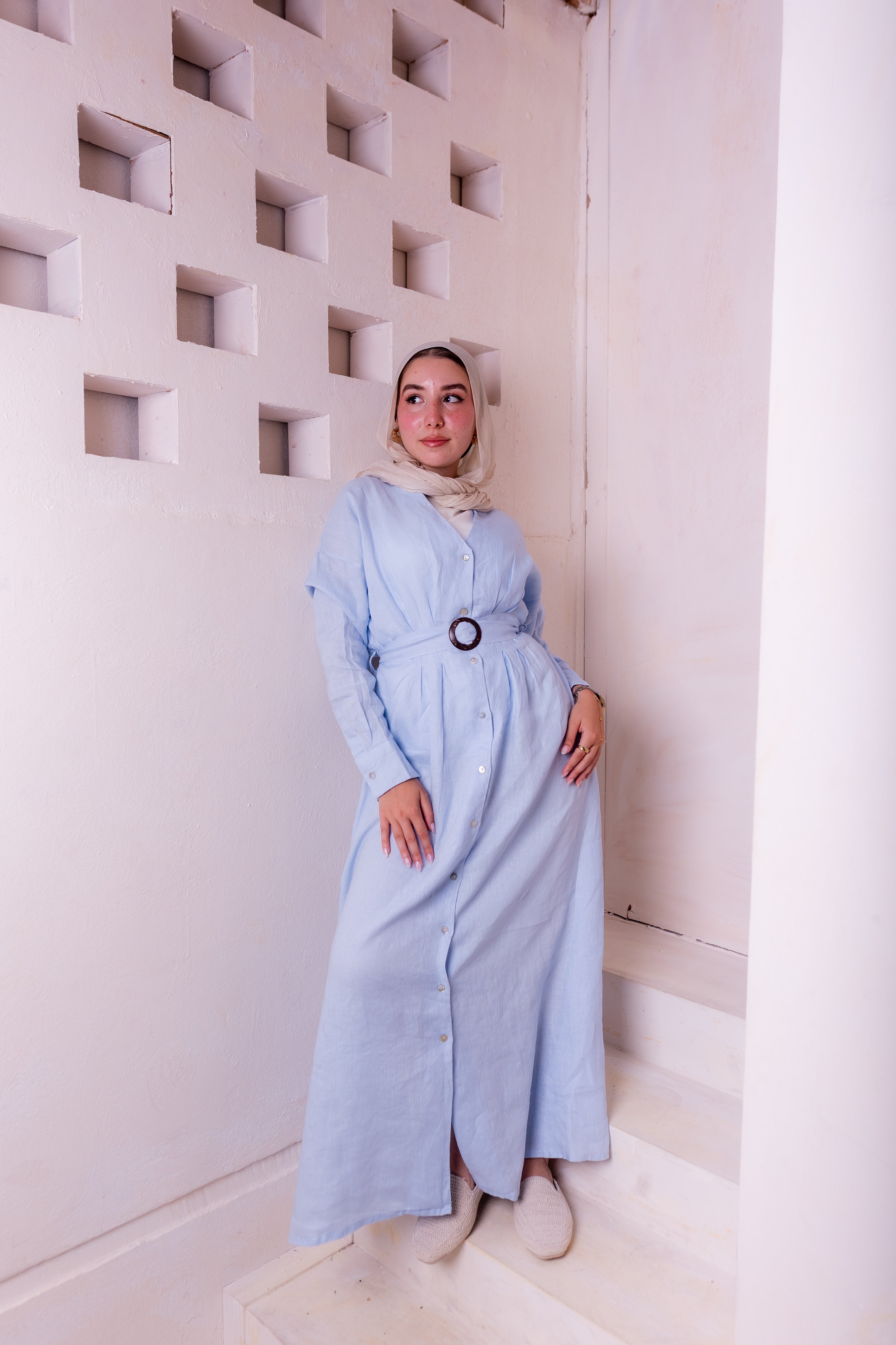 Pure linen belted maxi dress in baby blue