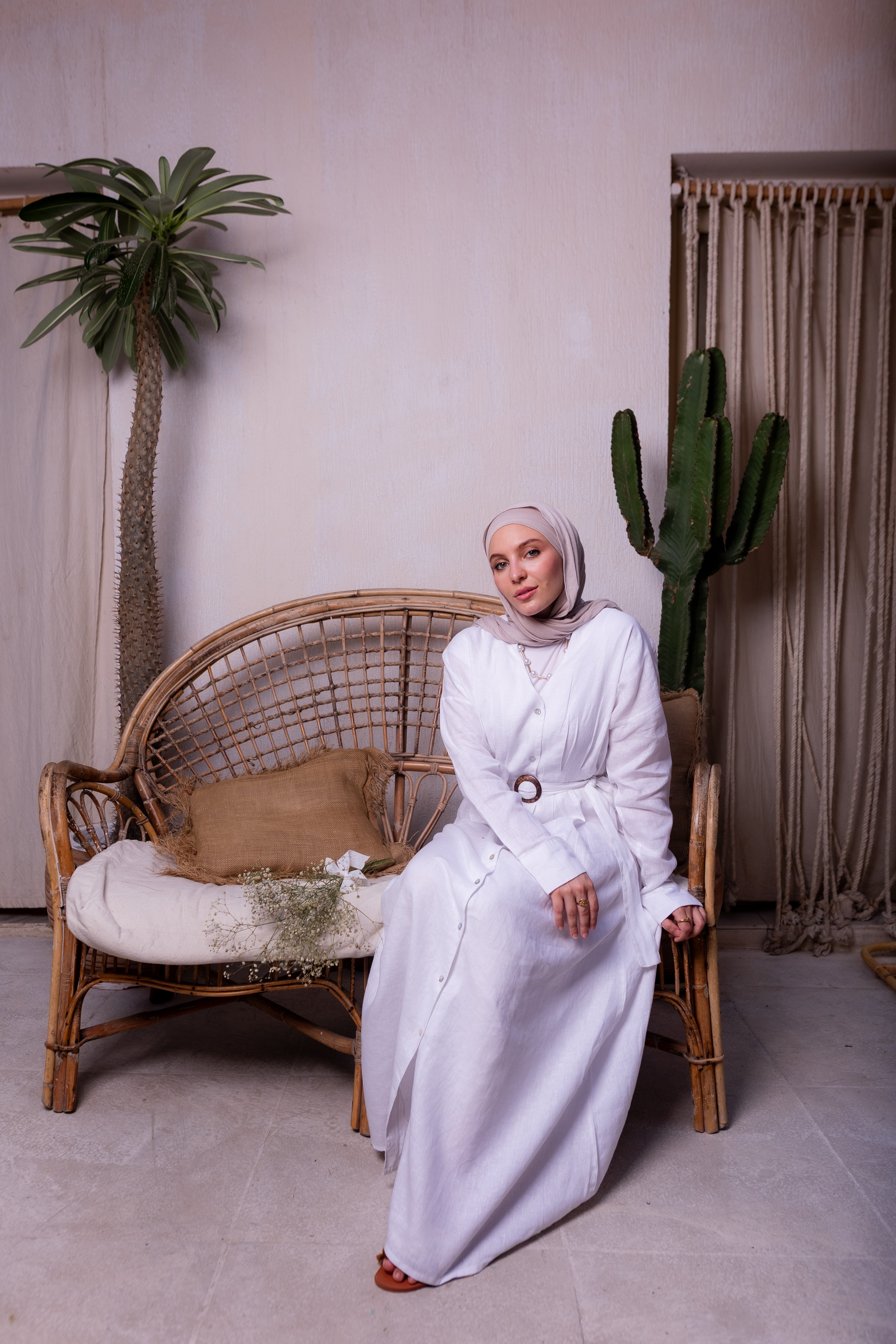 Pure linen belted maxi dress in off white