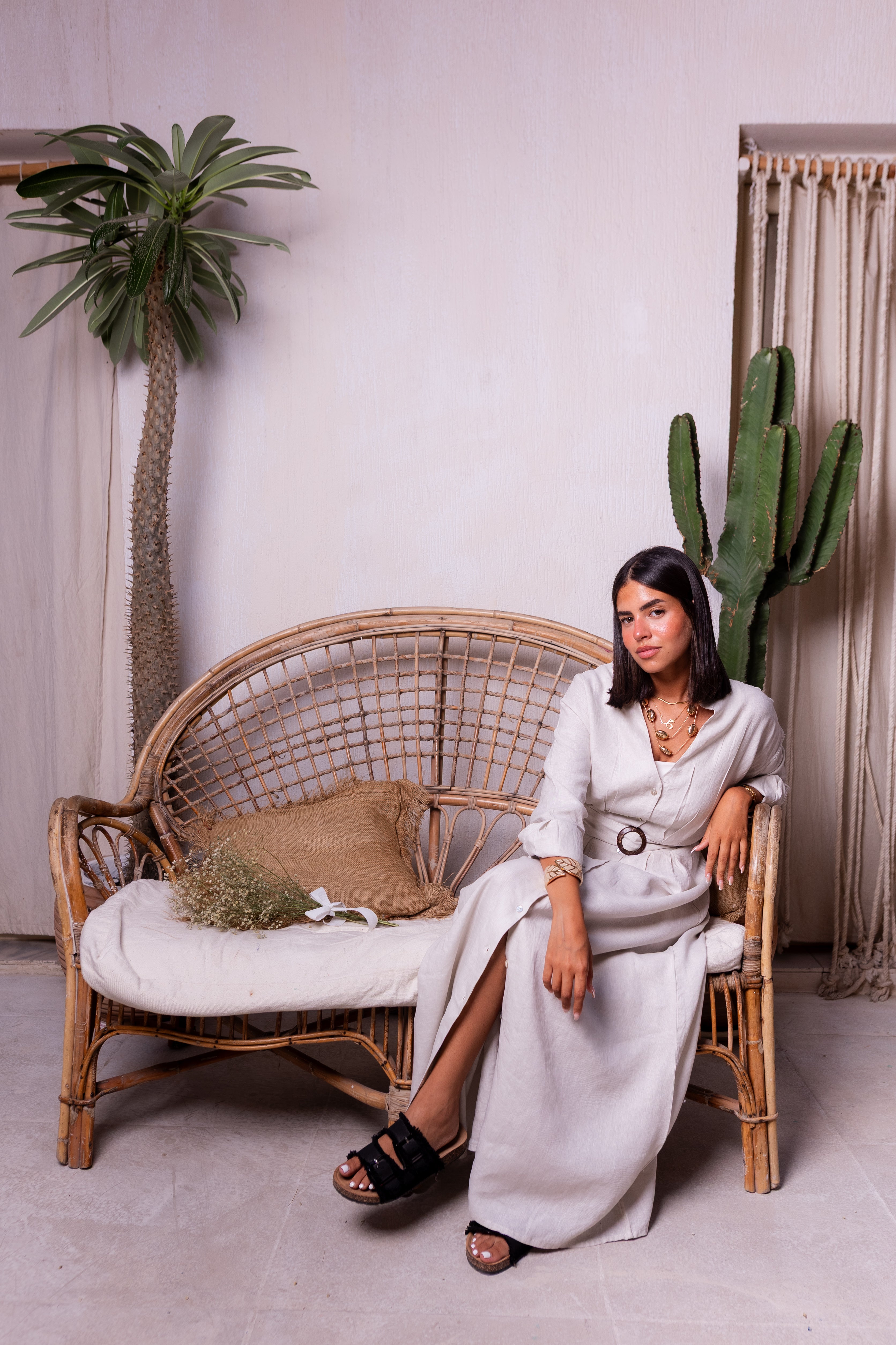 Pure linen belted maxi dress in beige