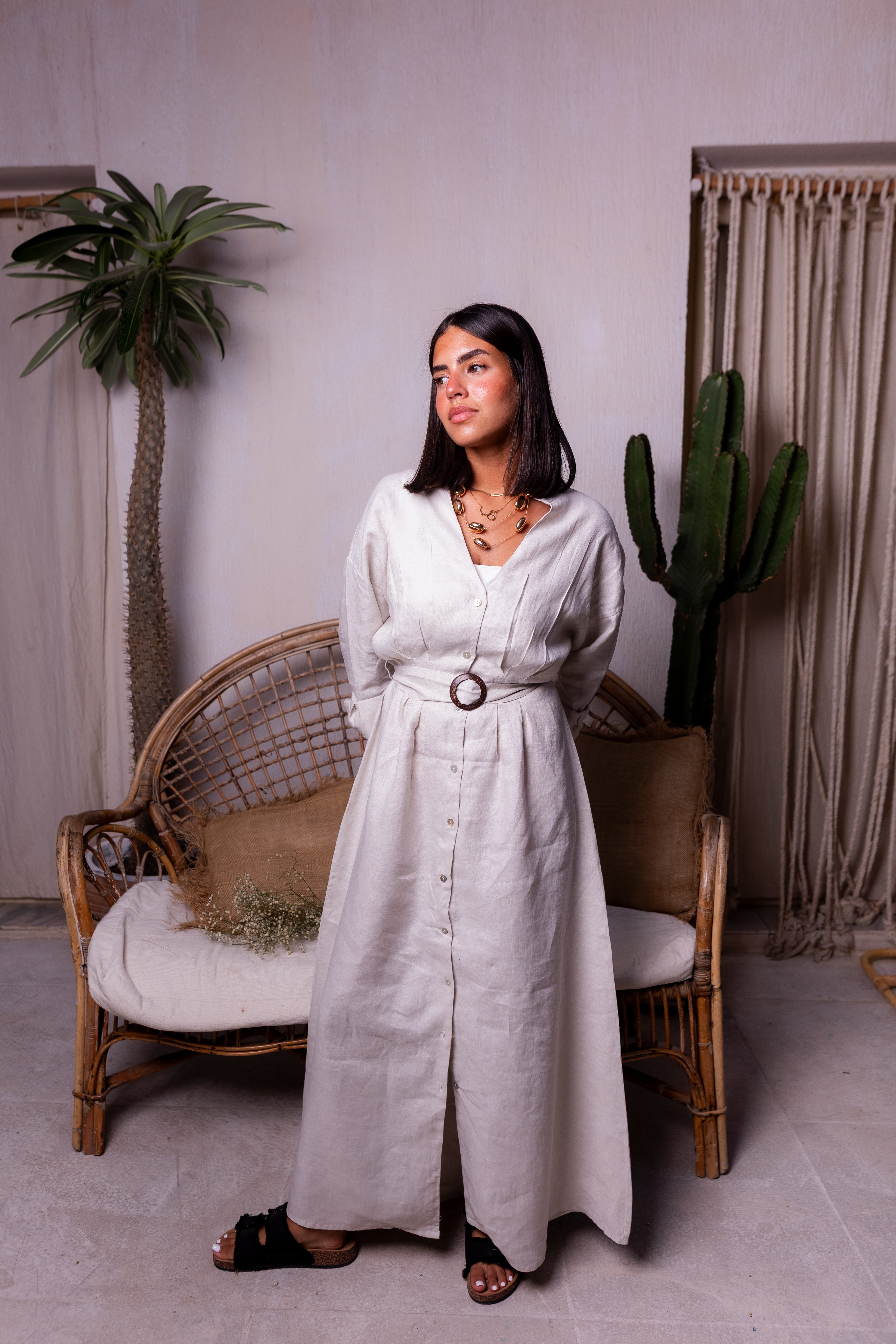 Pure linen belted maxi dress in beige