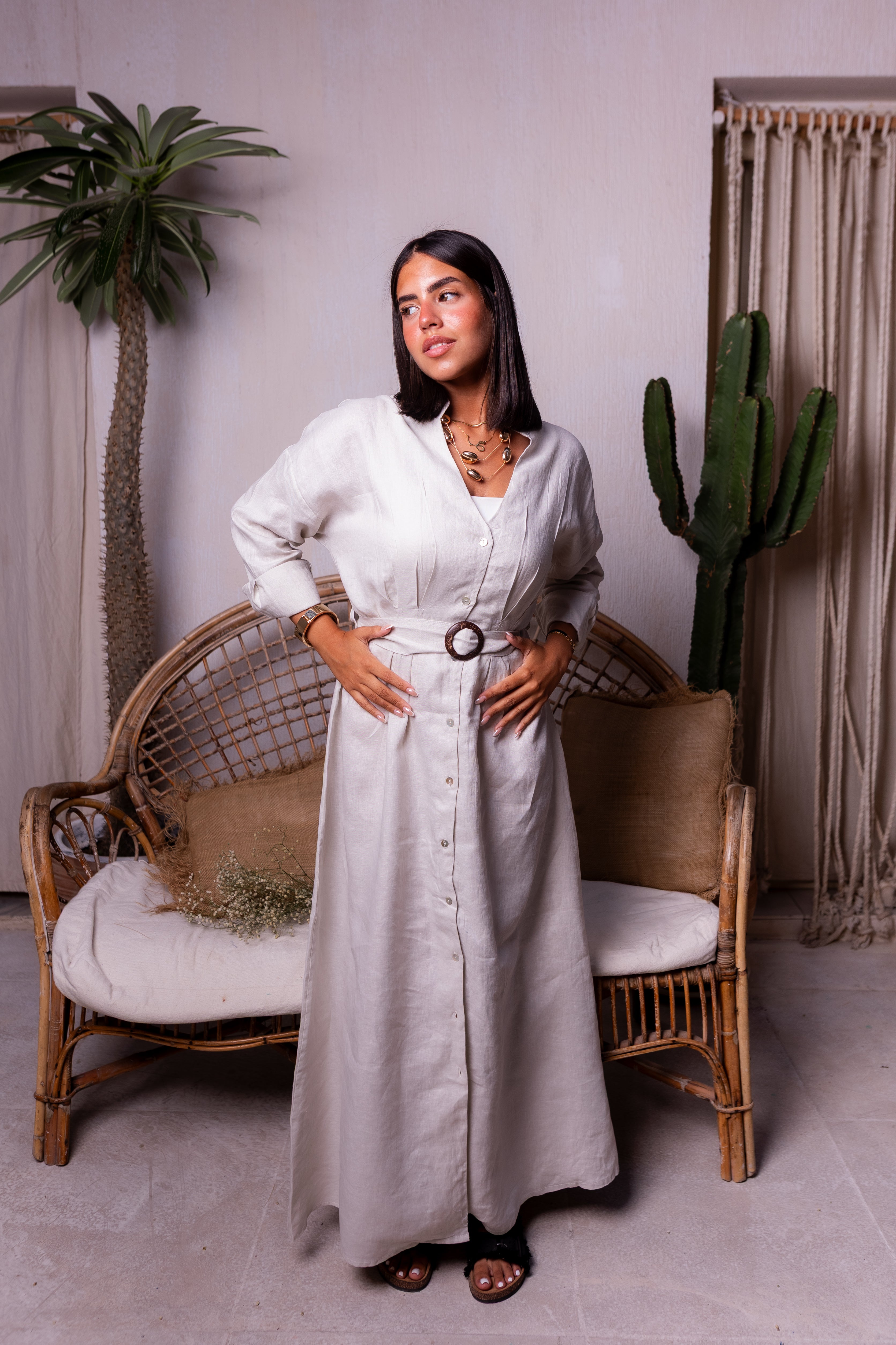 Pure linen belted maxi dress in beige
