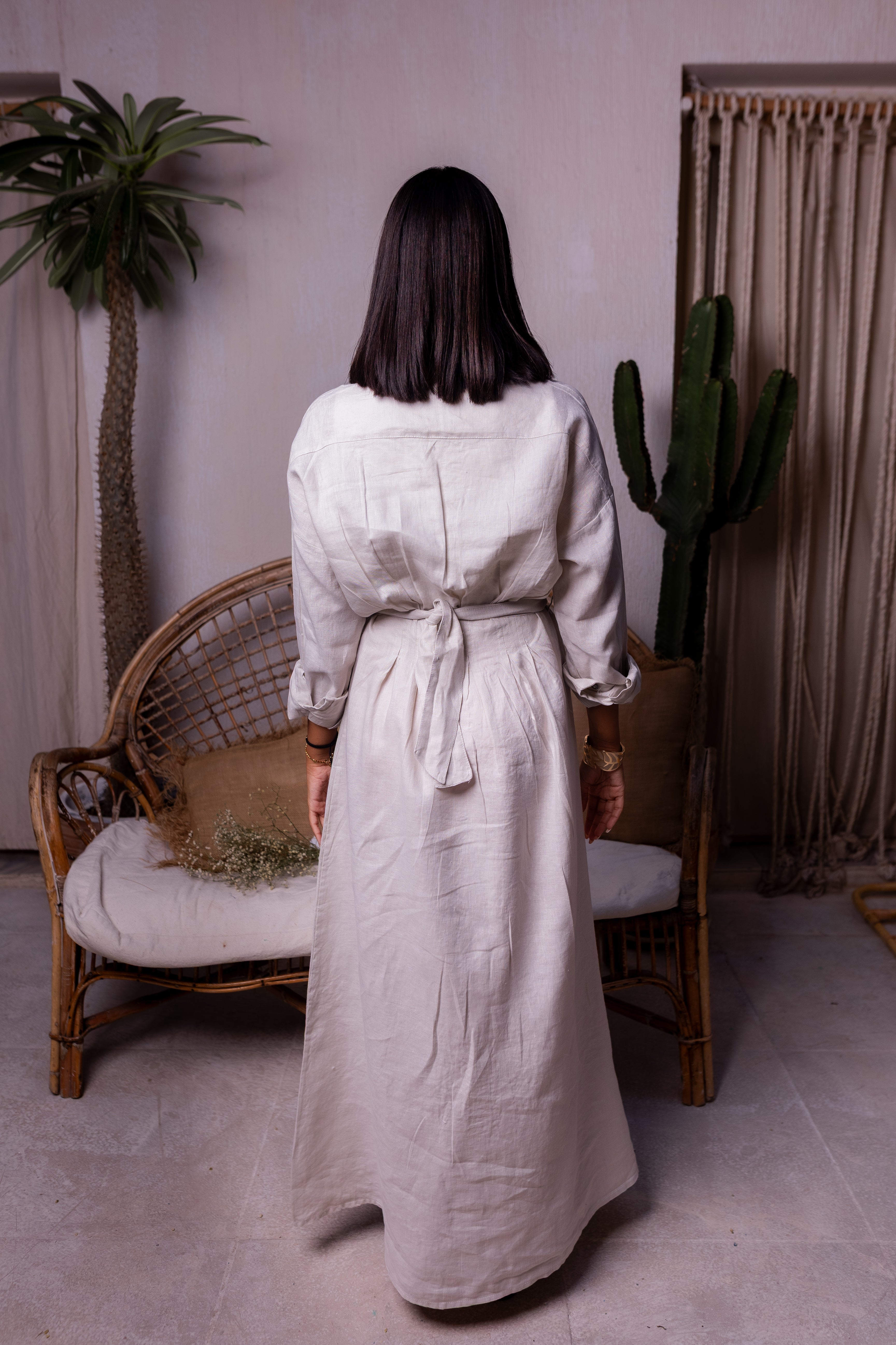 Pure linen belted maxi dress in beige
