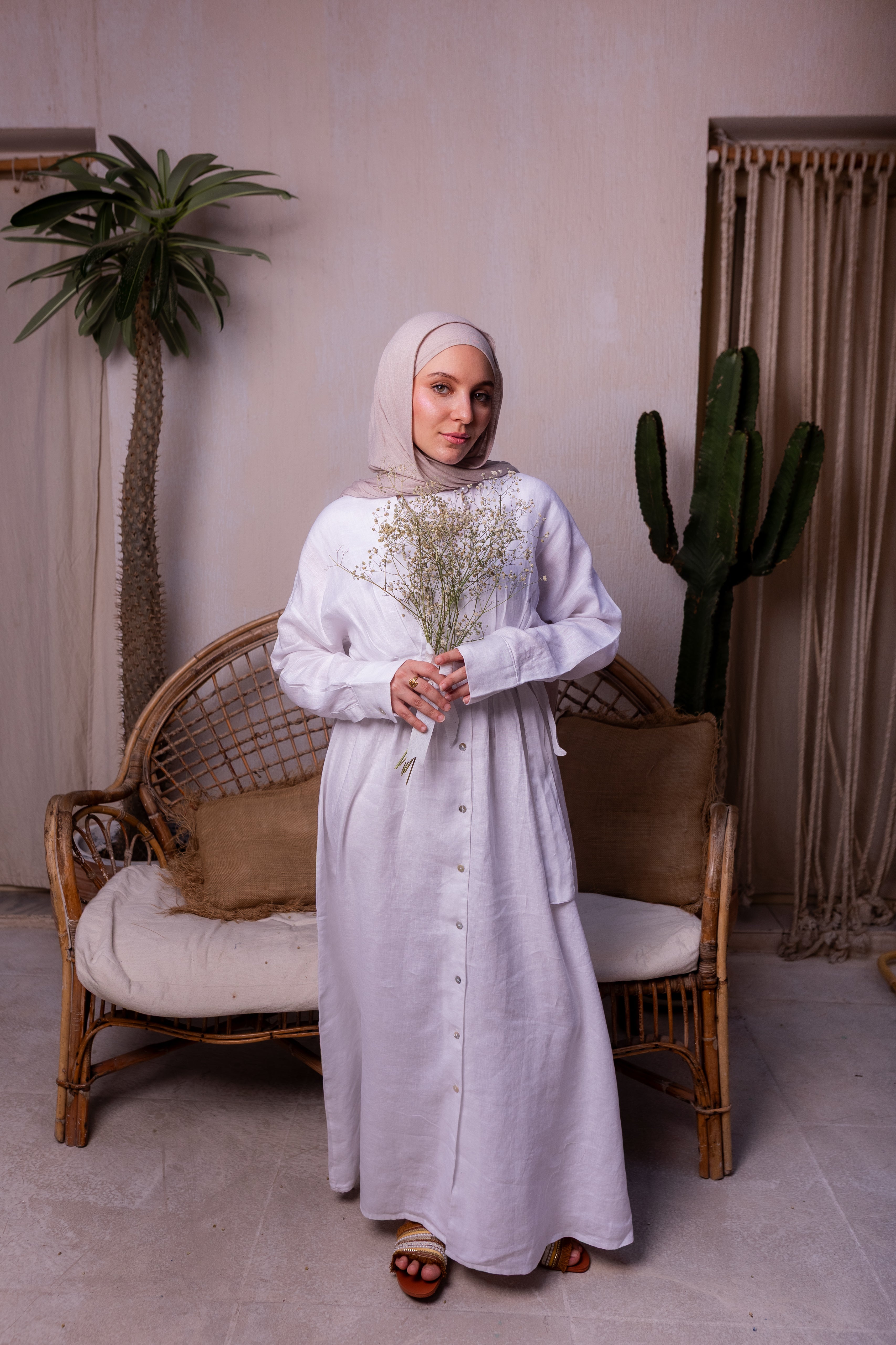Pure linen belted maxi dress in off white