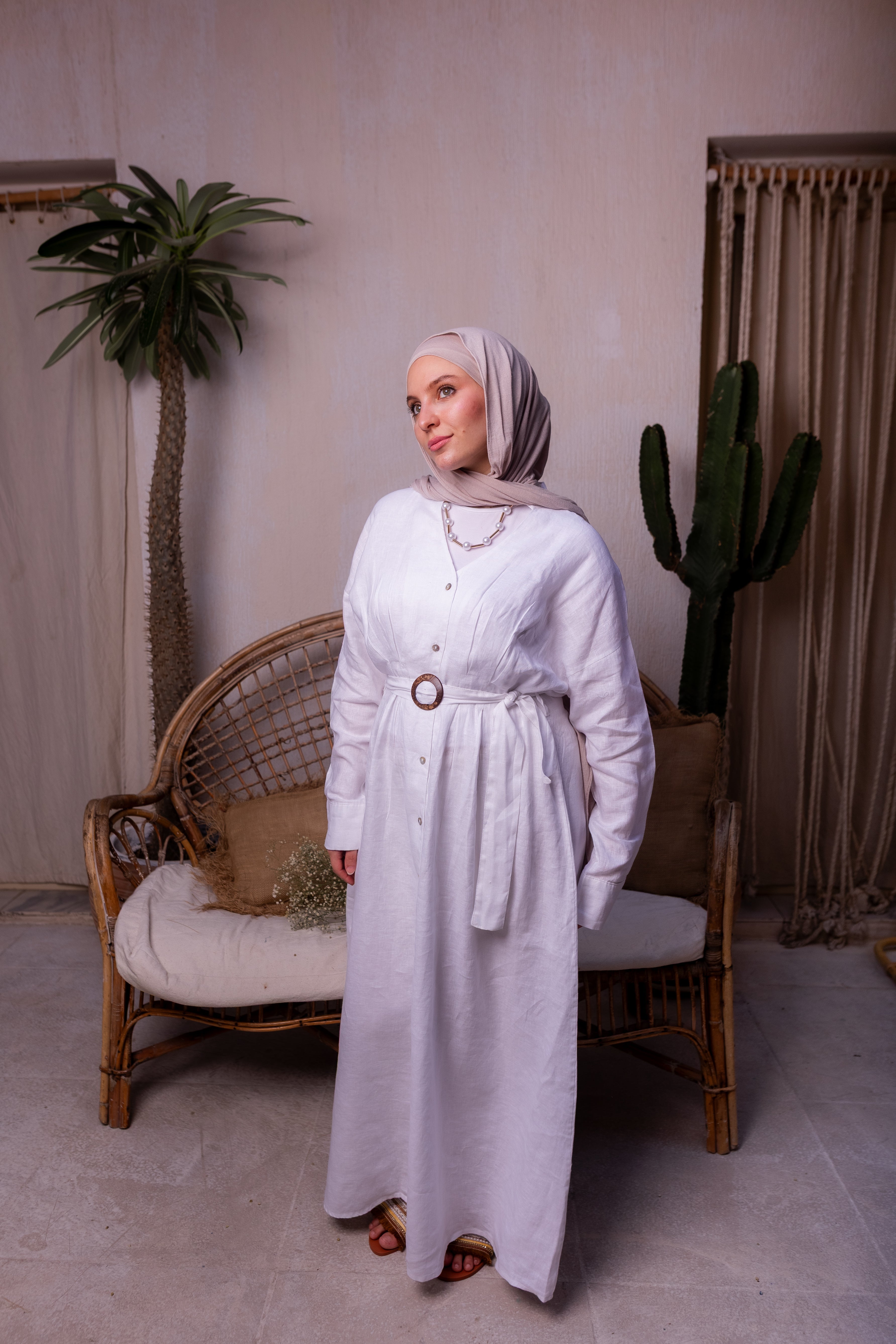 Pure linen belted maxi dress in off white
