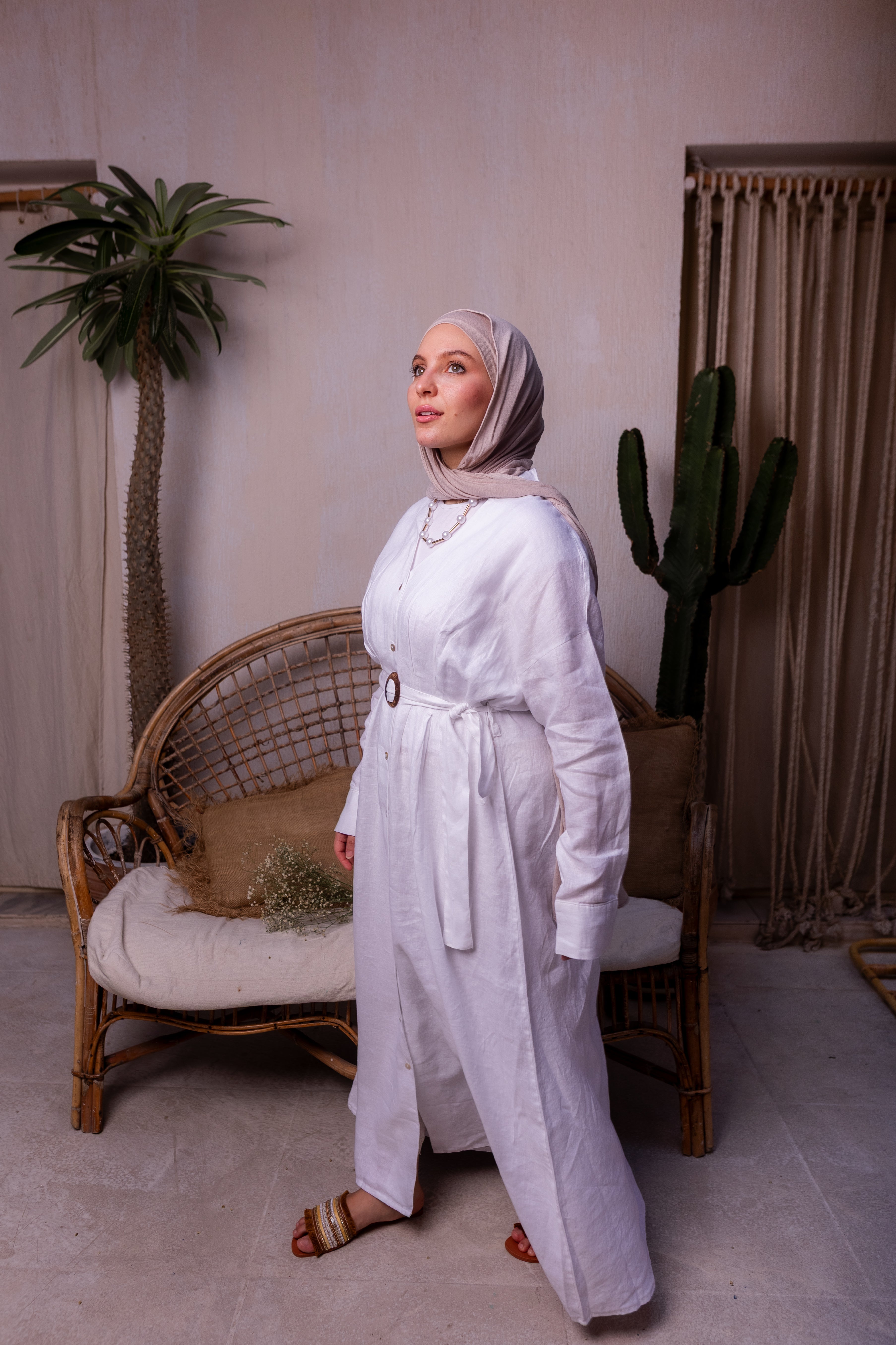 Pure linen belted maxi dress in off white
