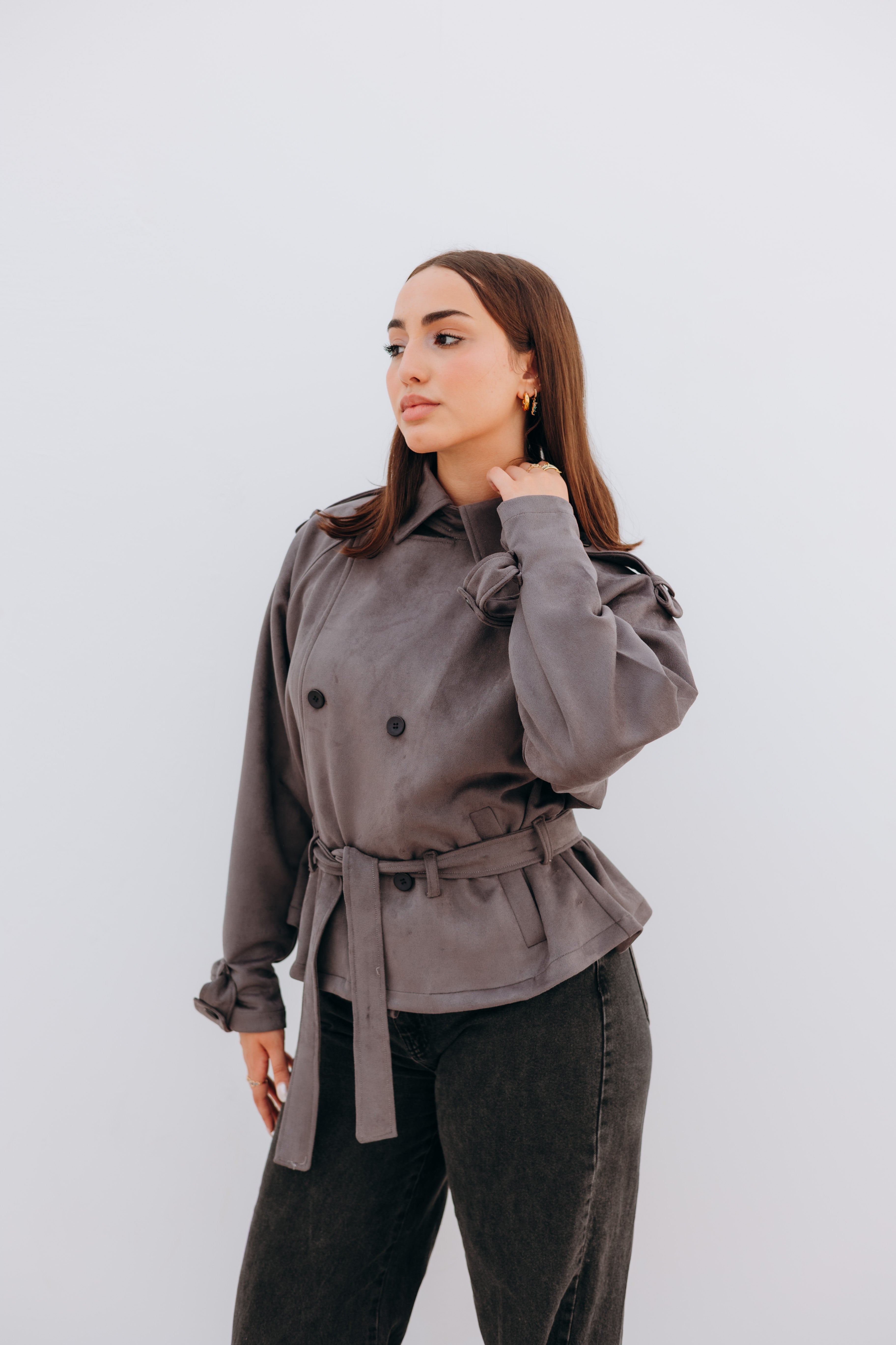 Suede short trench coat in grey