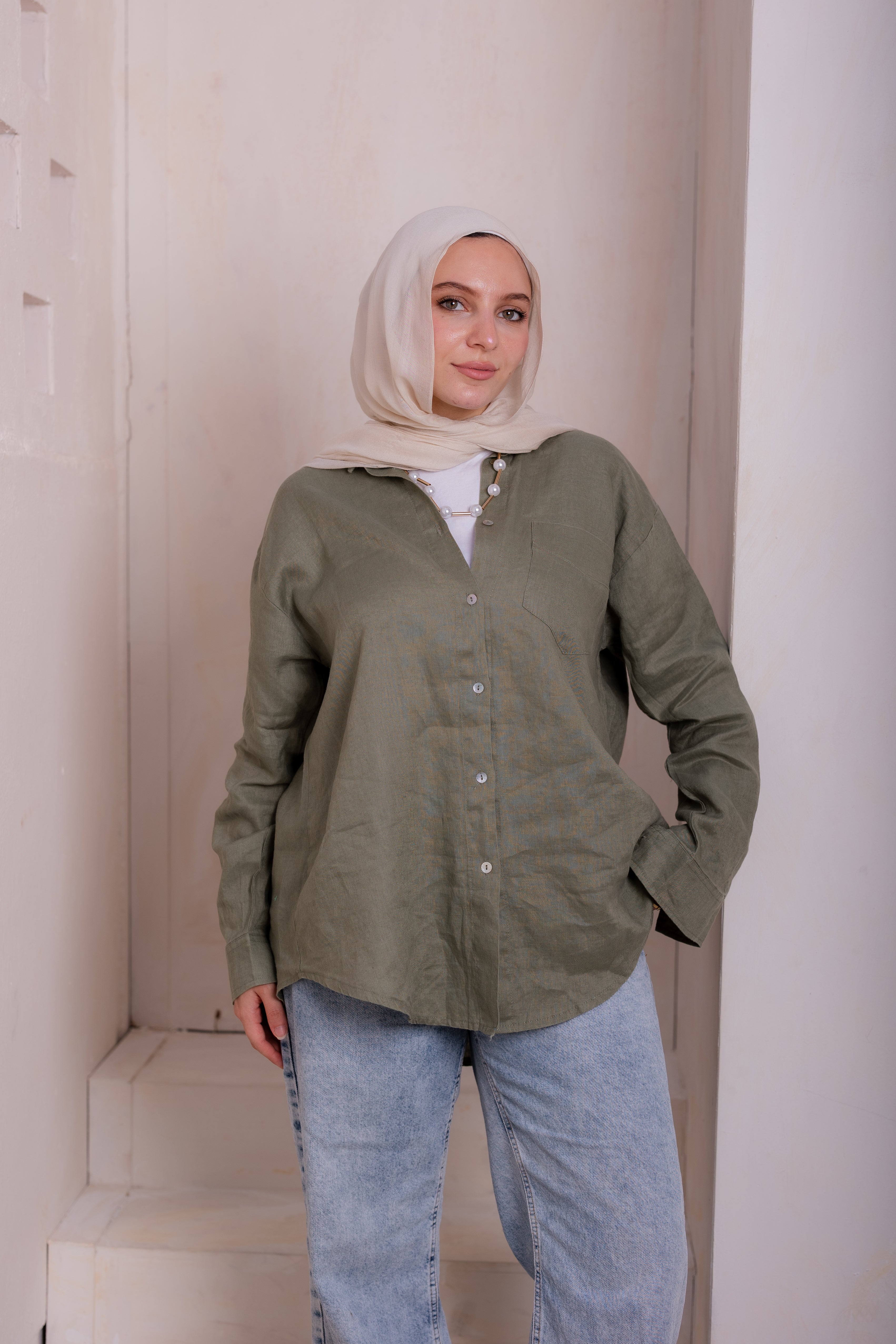 Pure linen shirt in olive green