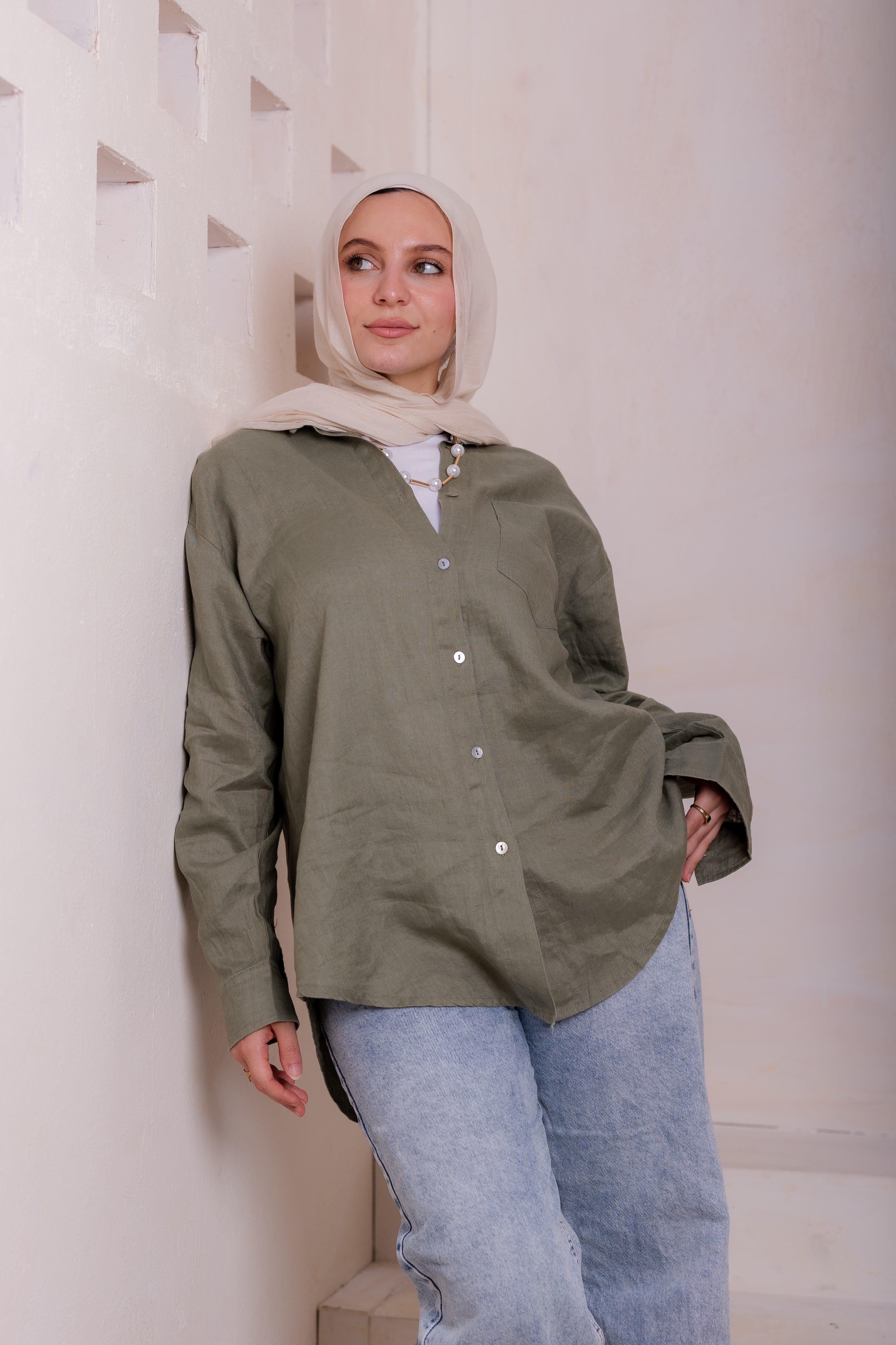 Pure linen shirt in olive green