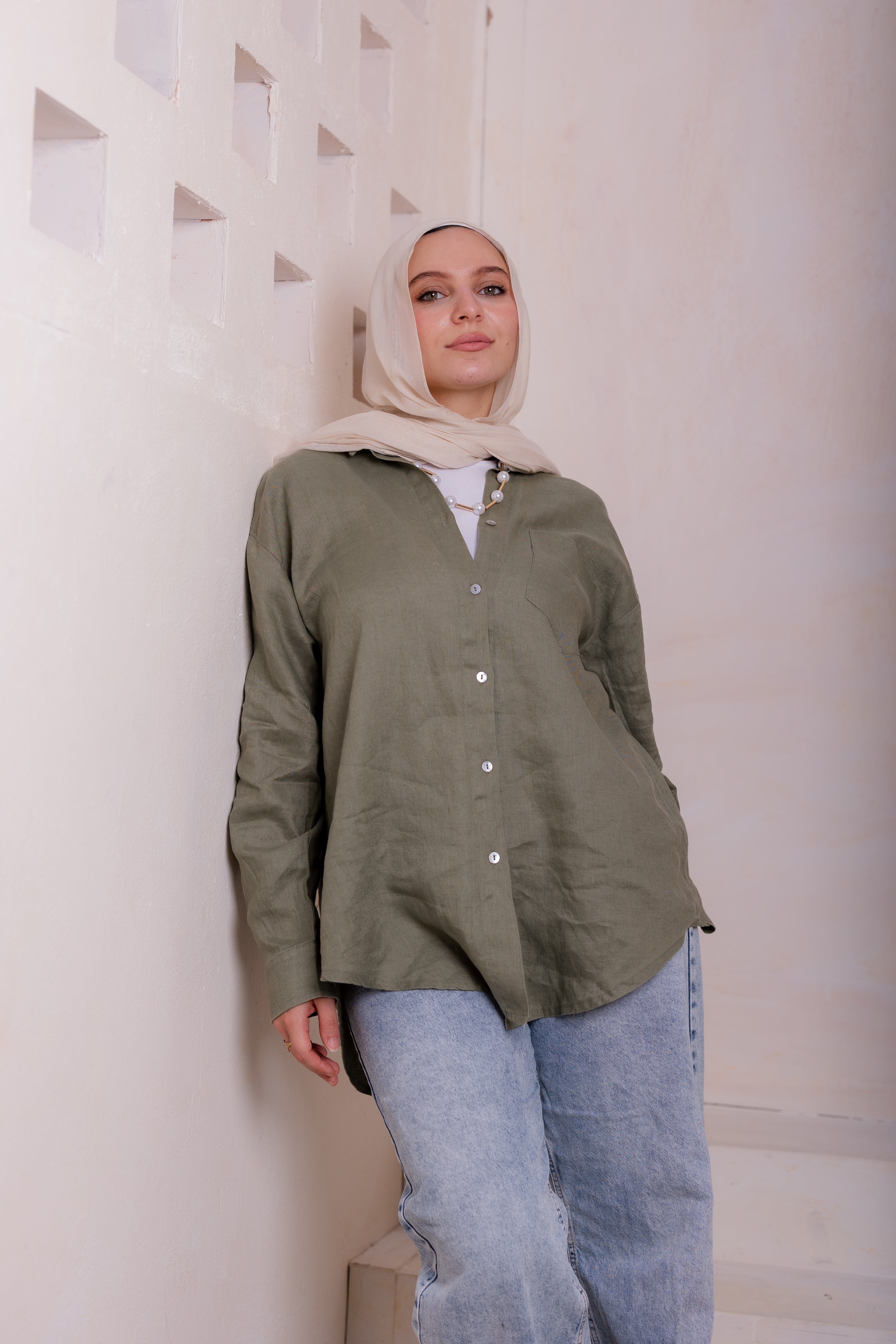Pure linen shirt in olive green
