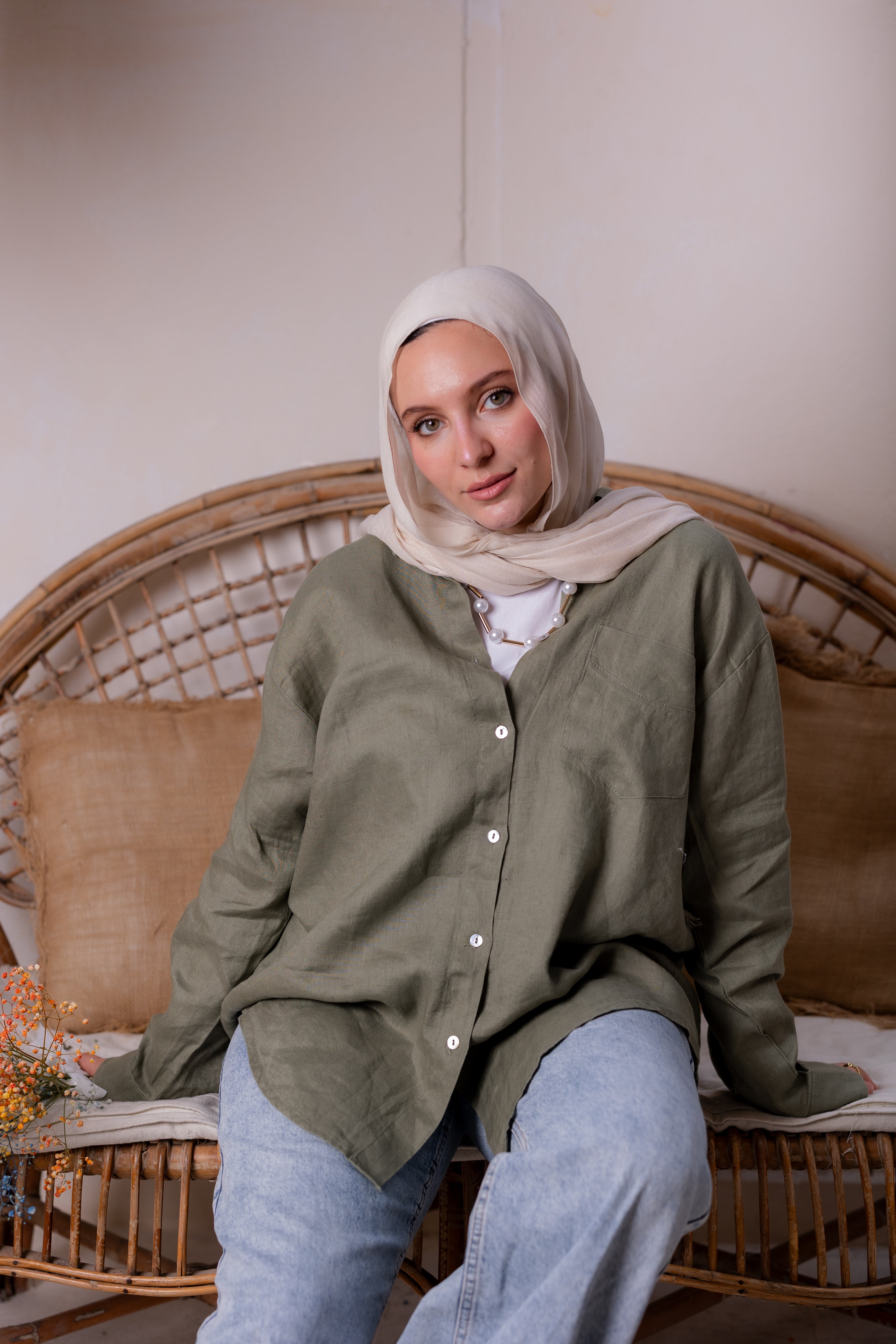 Pure linen shirt in olive green
