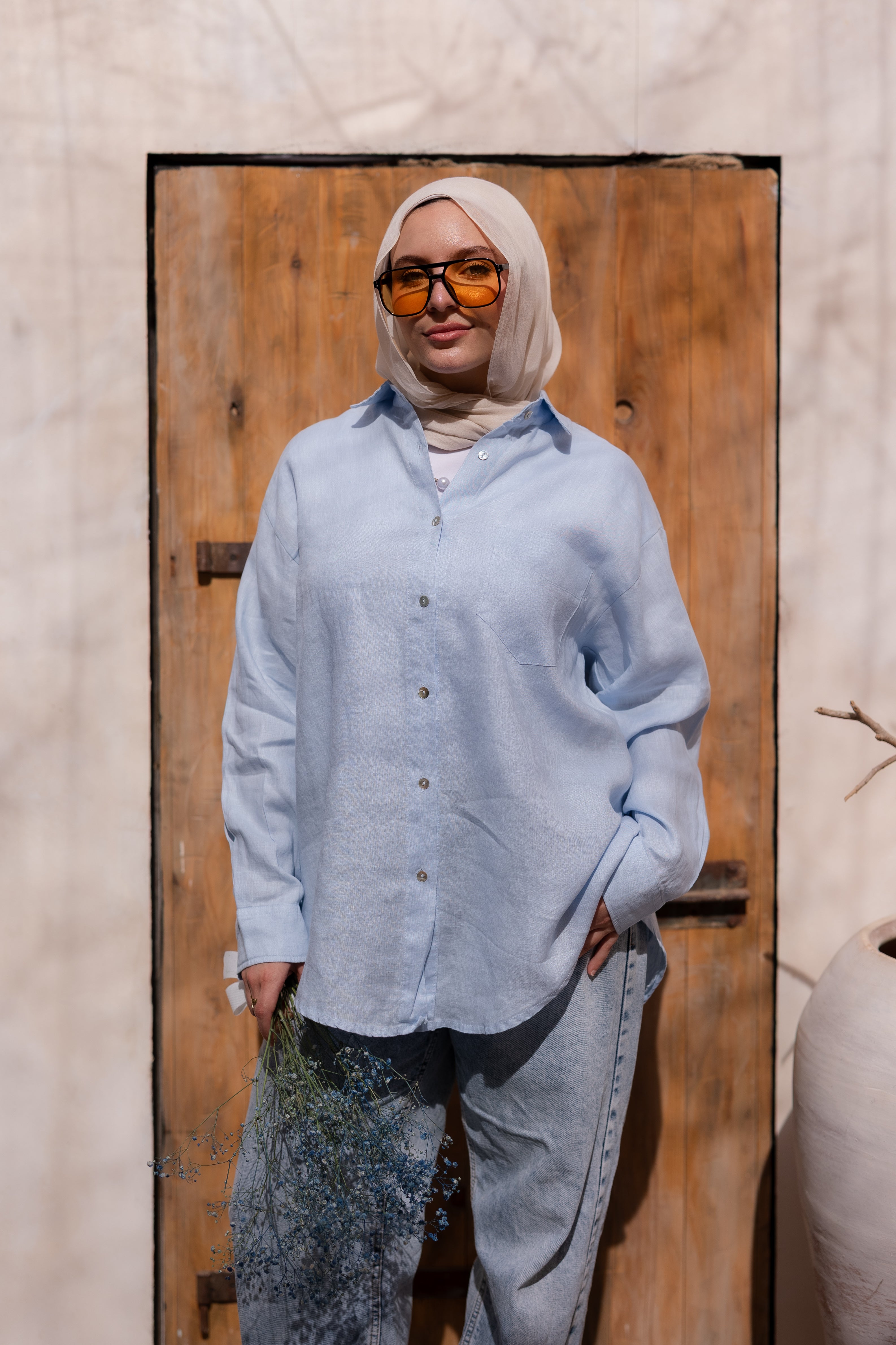 Pure linen shirt in baby blue