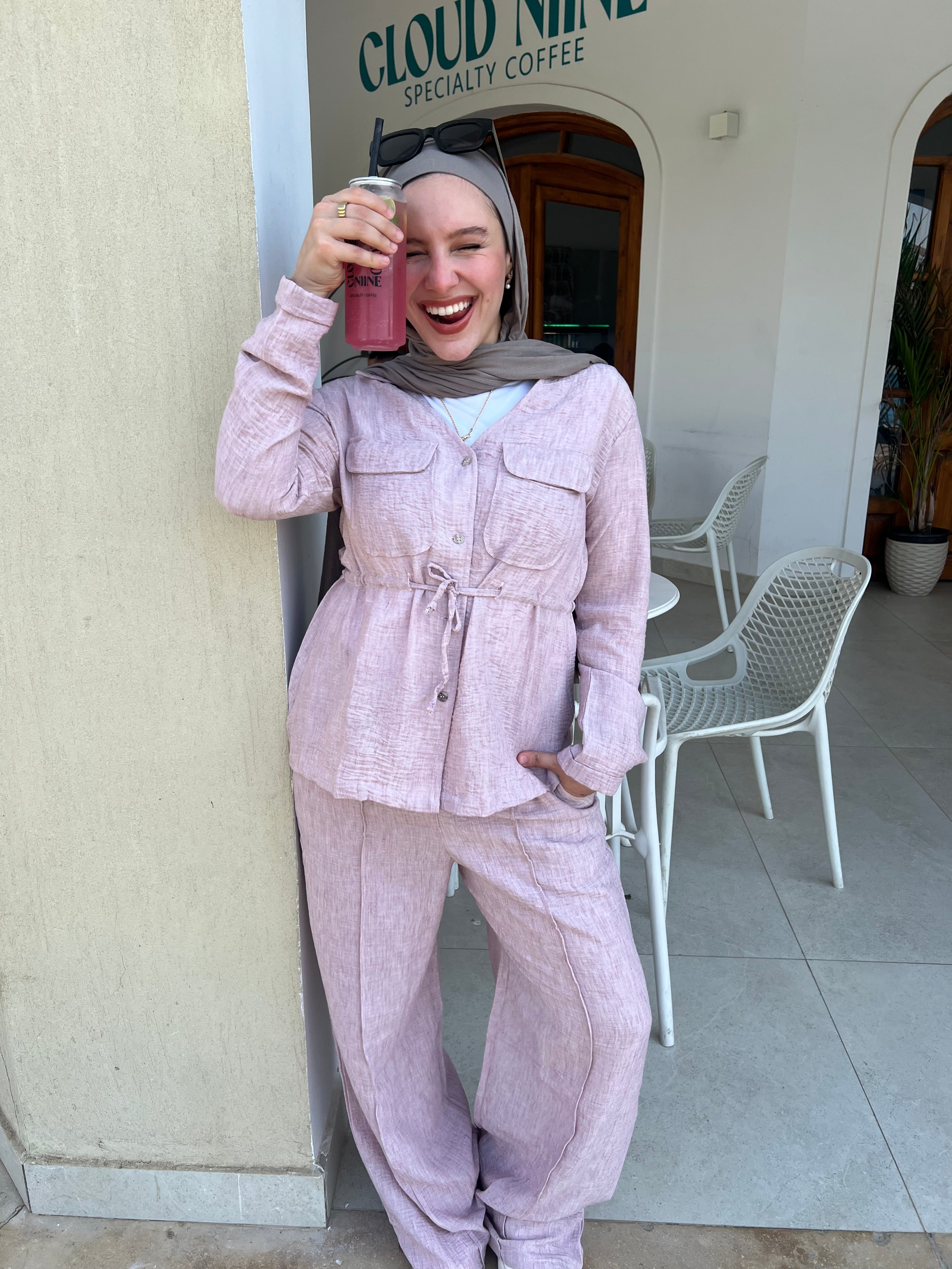 Crushed linen set in pink
