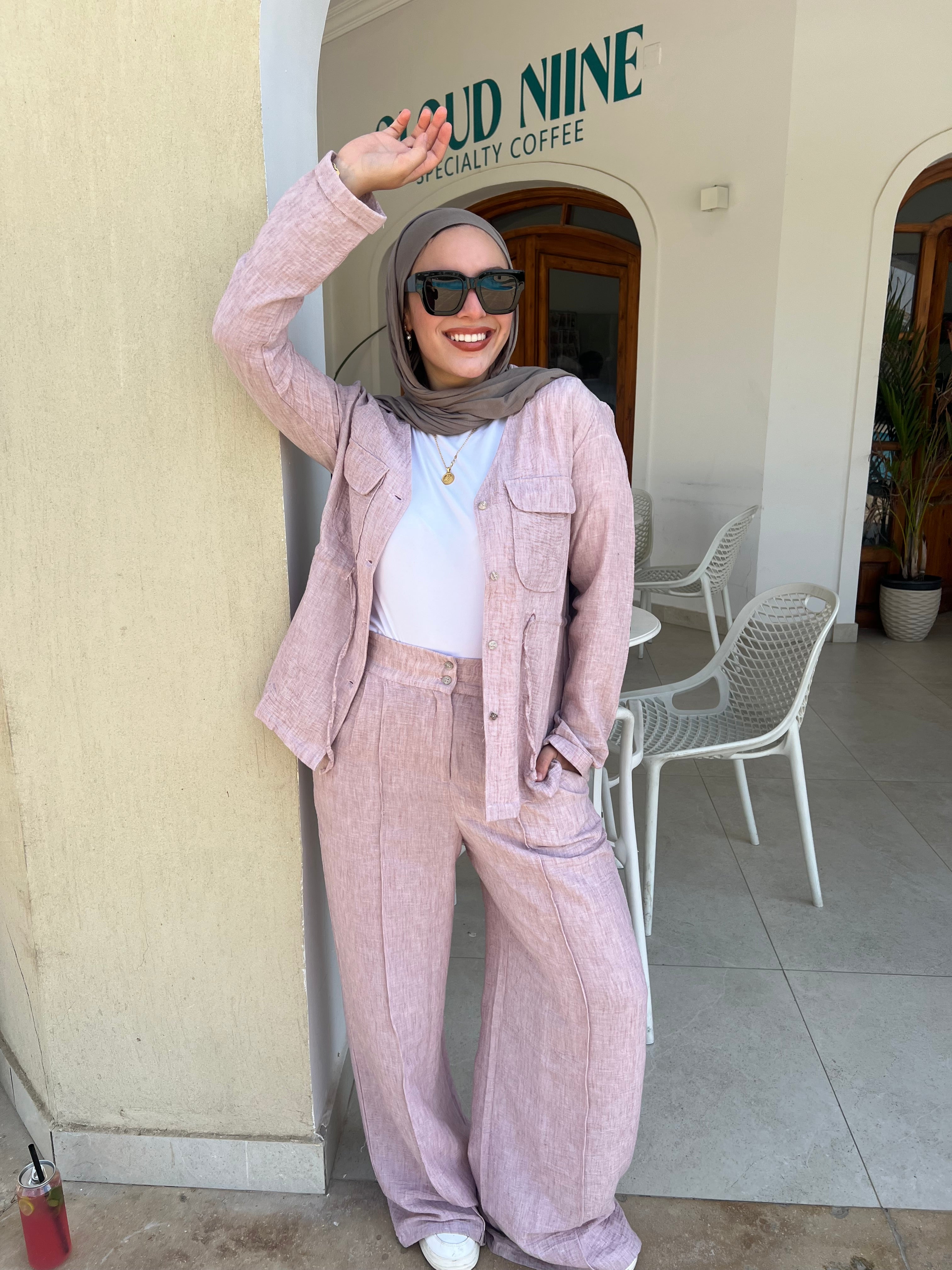 Crushed linen set in pink